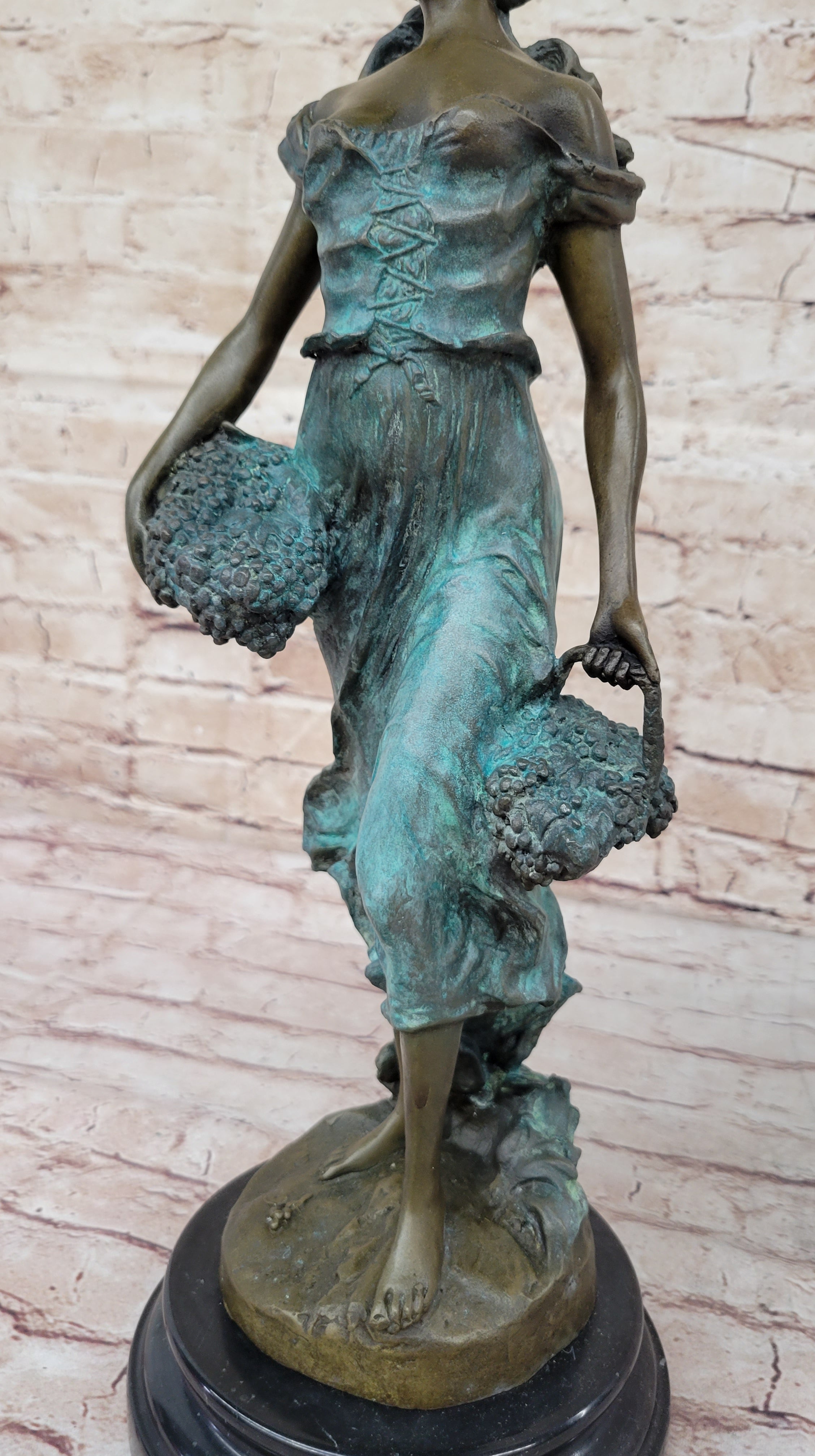 Girl Carrying Basket of Grapes Bronze Figure 17" x 6"