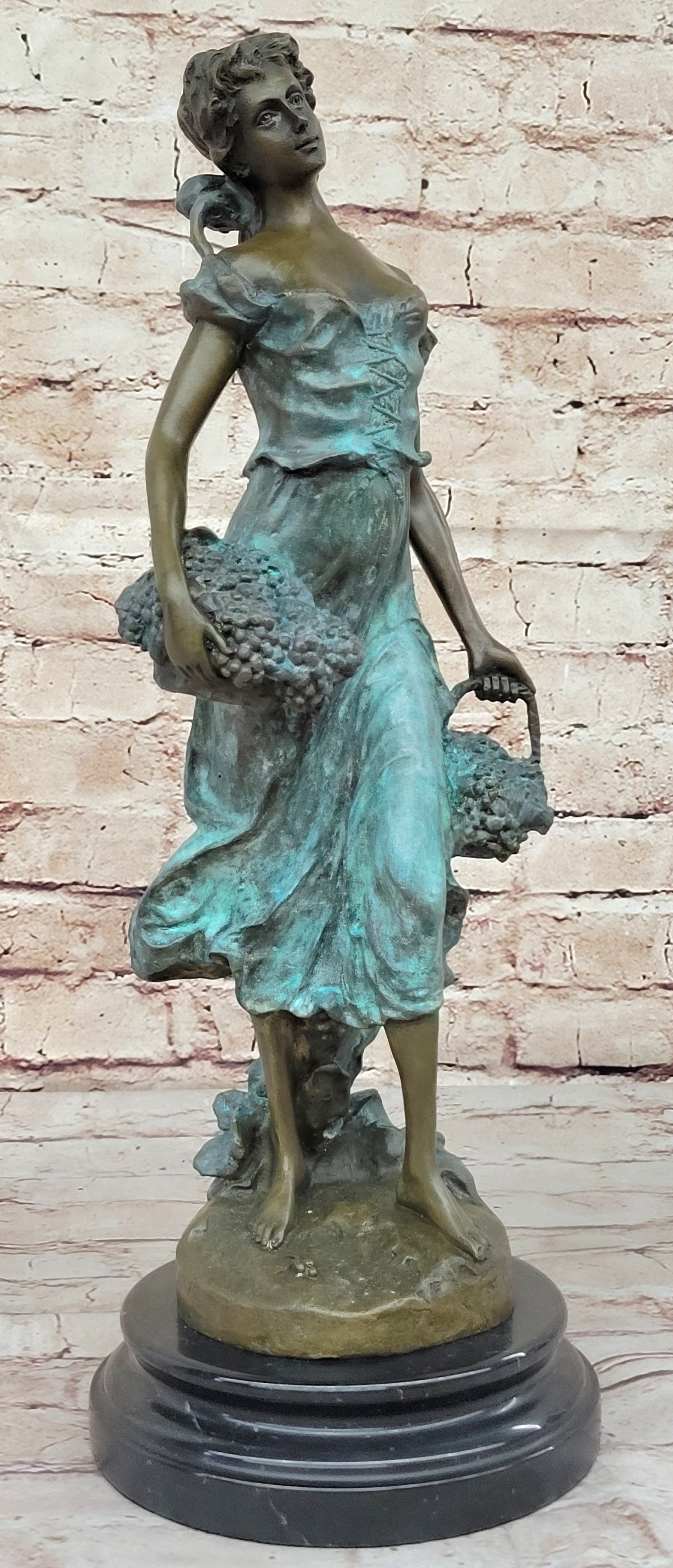 Girl Carrying Basket of Grapes Bronze Figure 17" x 6"