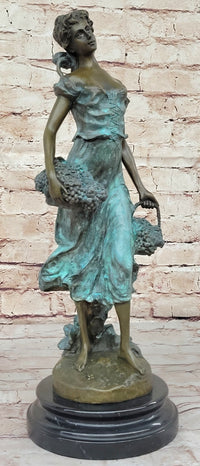 Girl Carrying Basket of Grapes Bronze Figure 17" x 6"