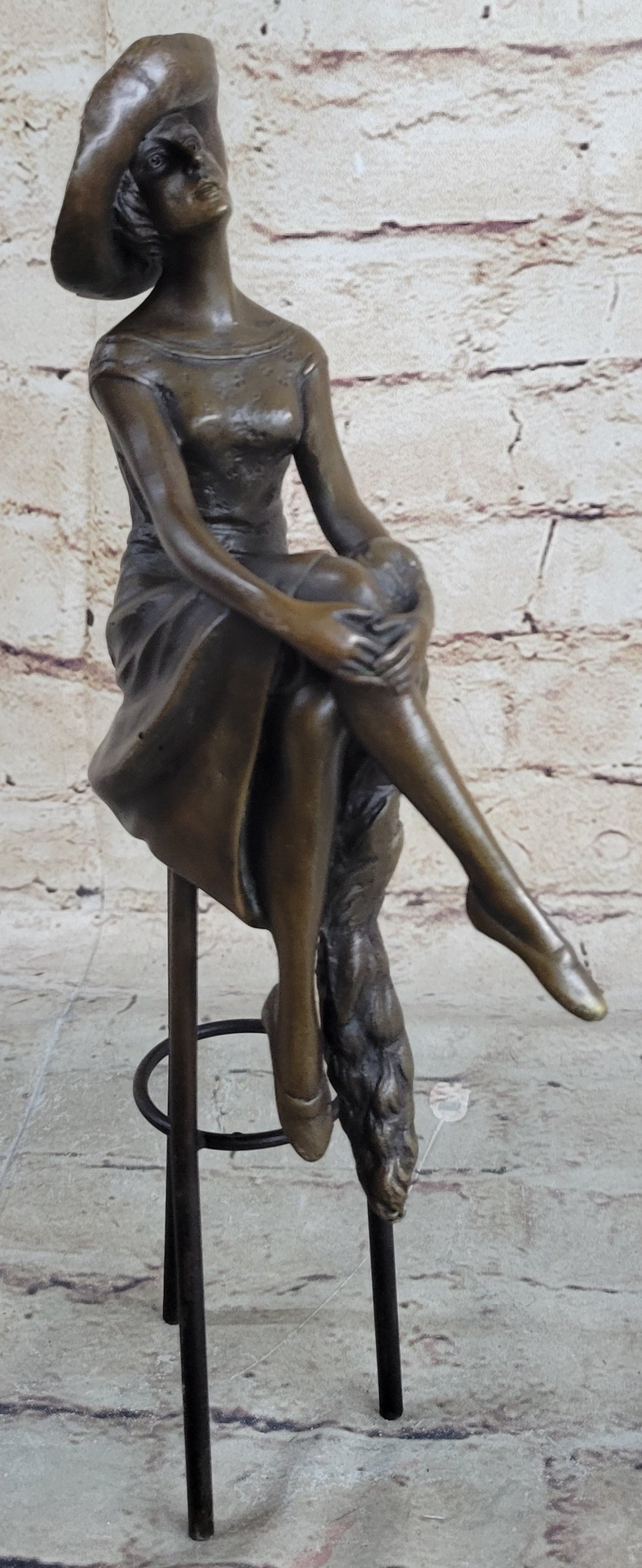 Woman in Sun Dress & Hat Bronze Sculpture Signed Art