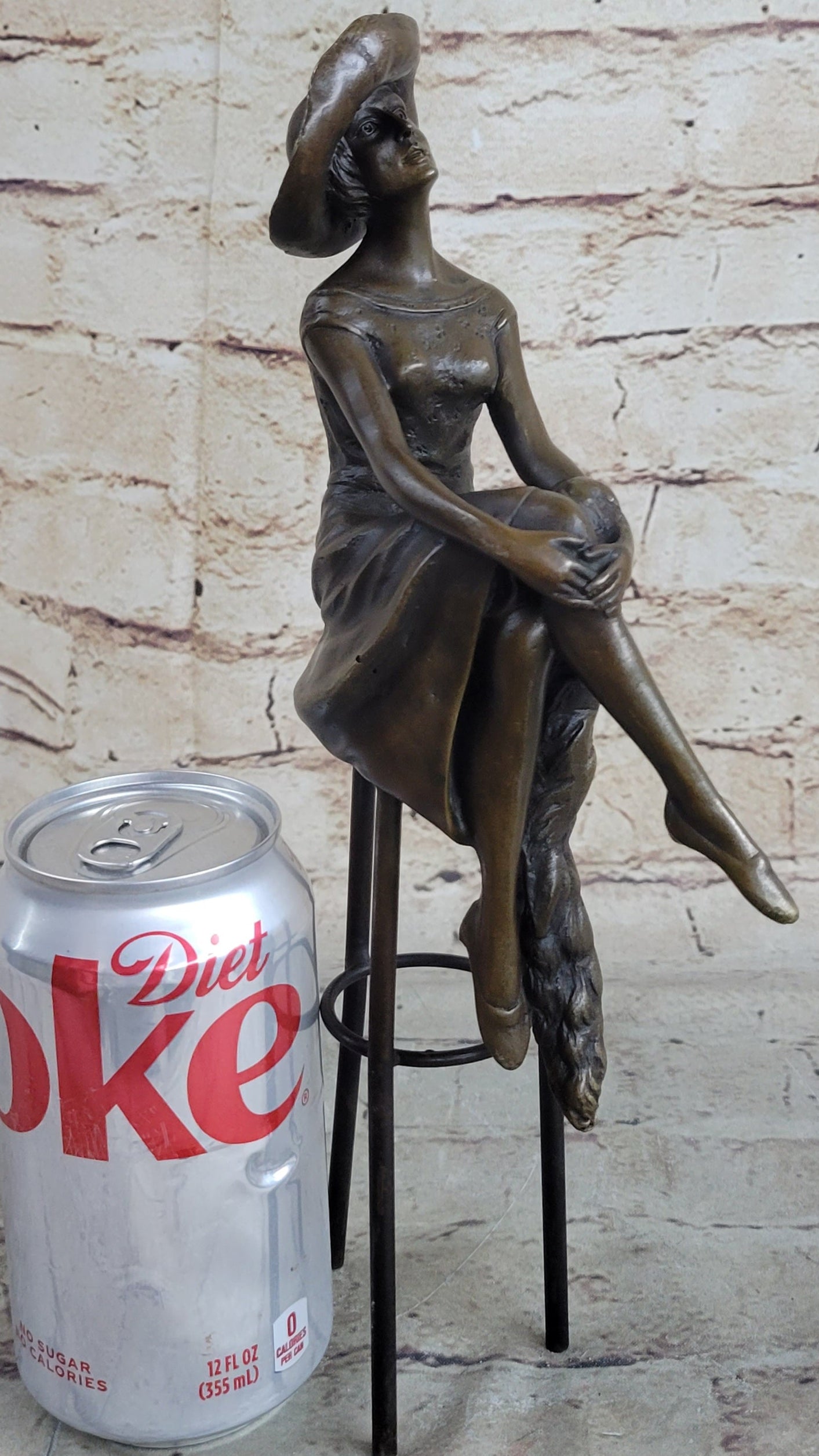Woman in Sun Dress & Hat Bronze Sculpture Signed Art