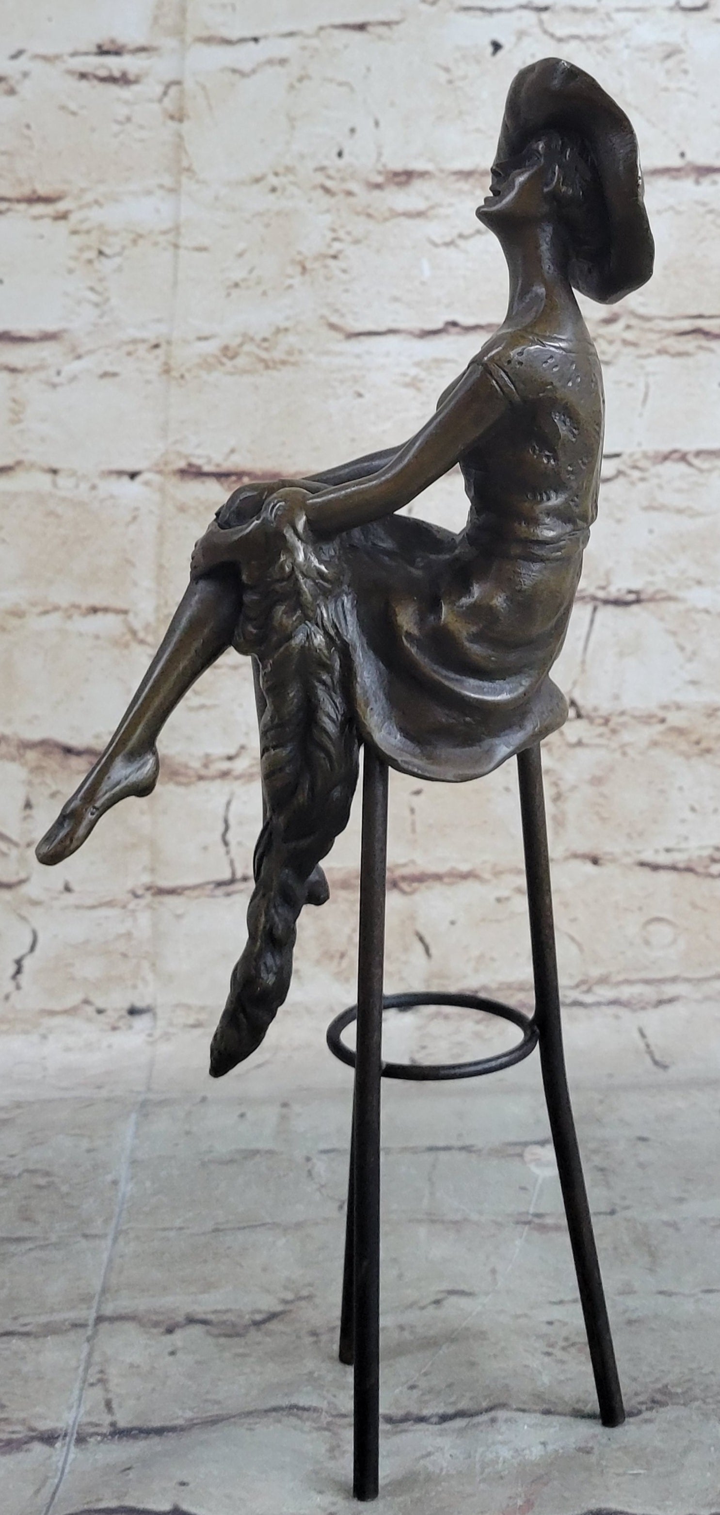 Woman in Sun Dress & Hat Bronze Sculpture Signed Art