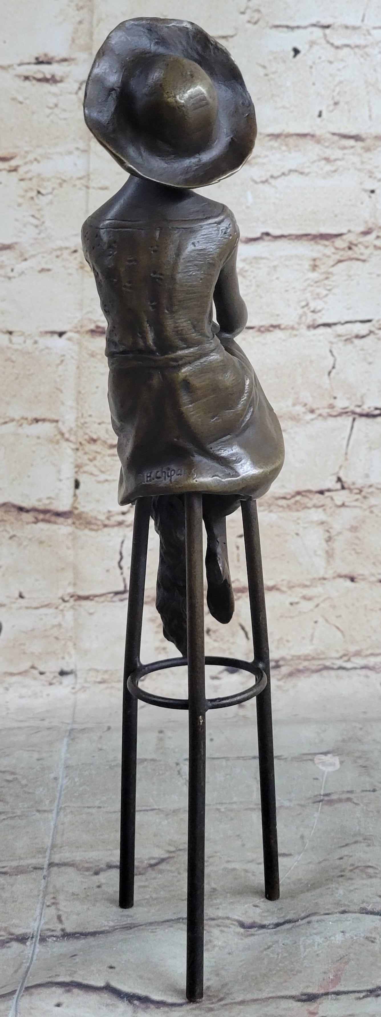 Woman in Sun Dress & Hat Bronze Sculpture Signed Art