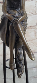 Woman in Sun Dress & Hat Bronze Sculpture Signed Art