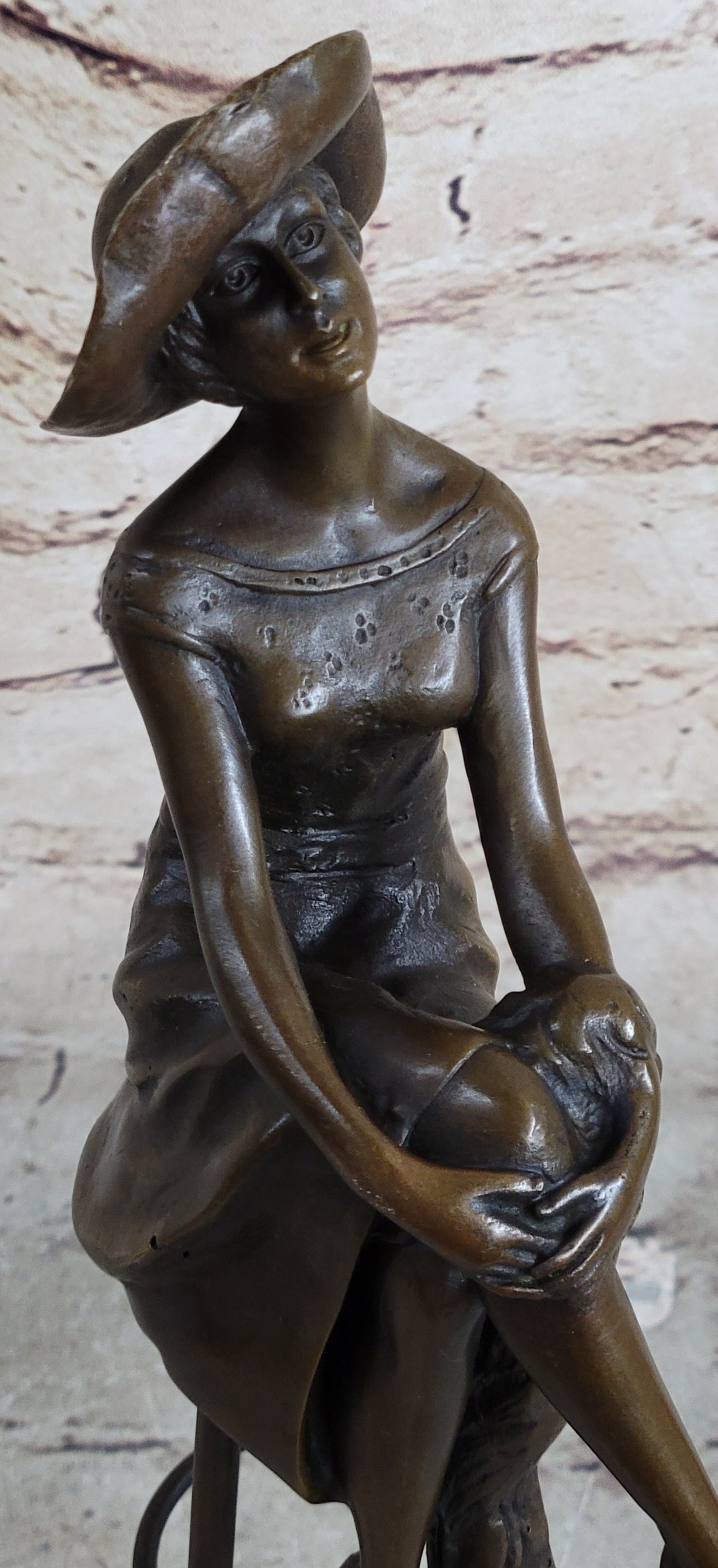 Woman in Sun Dress & Hat Bronze Sculpture Signed Art