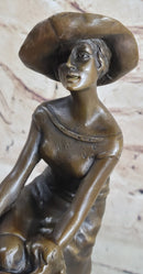 Woman in Sun Dress & Hat Bronze Sculpture Signed Art
