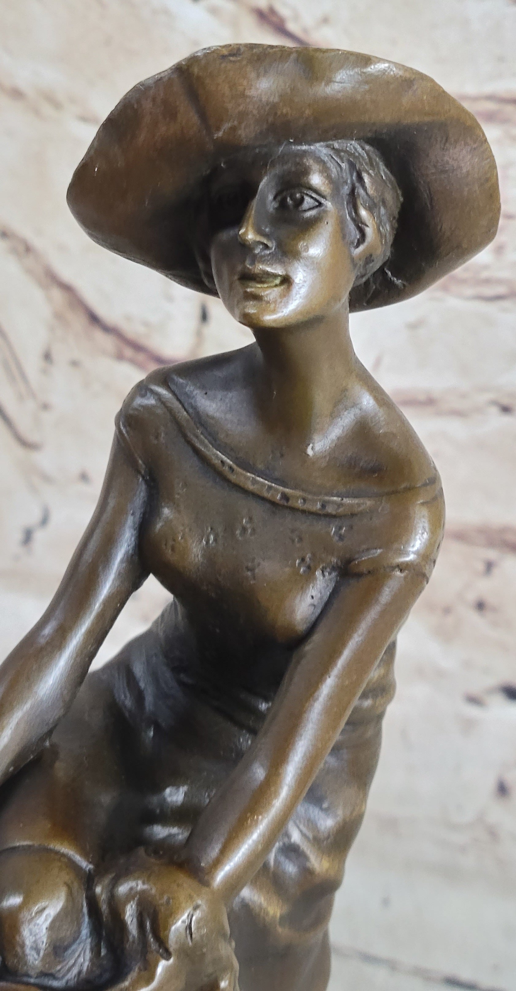 Woman in Sun Dress & Hat Bronze Sculpture Signed Art