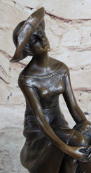 Woman in Sun Dress & Hat Bronze Sculpture Signed Art