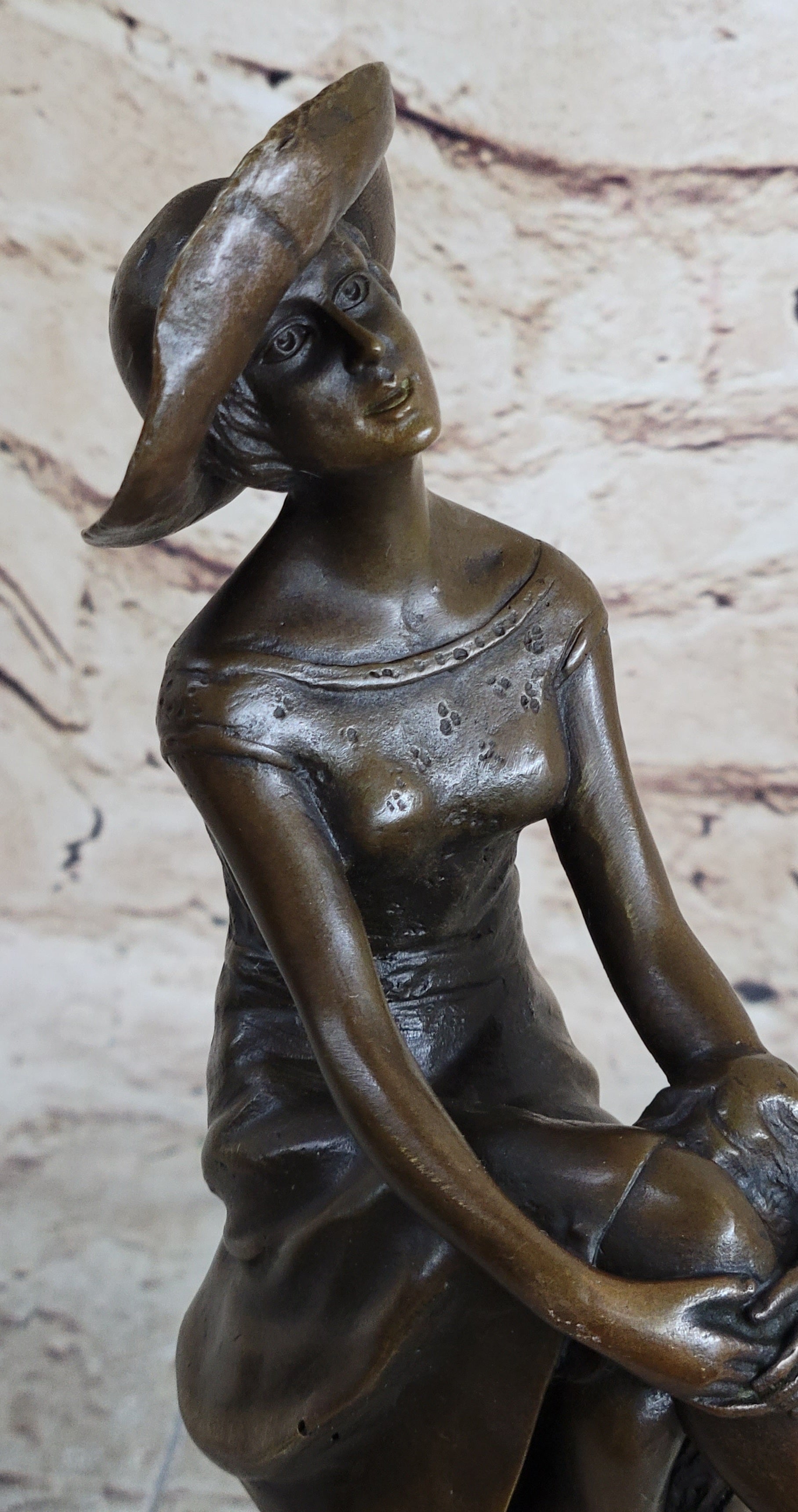 Woman in Sun Dress & Hat Bronze Sculpture Signed Art