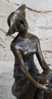Woman in Sun Dress & Hat Bronze Sculpture Signed Art