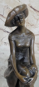 Woman in Sun Dress & Hat Bronze Sculpture Signed Art