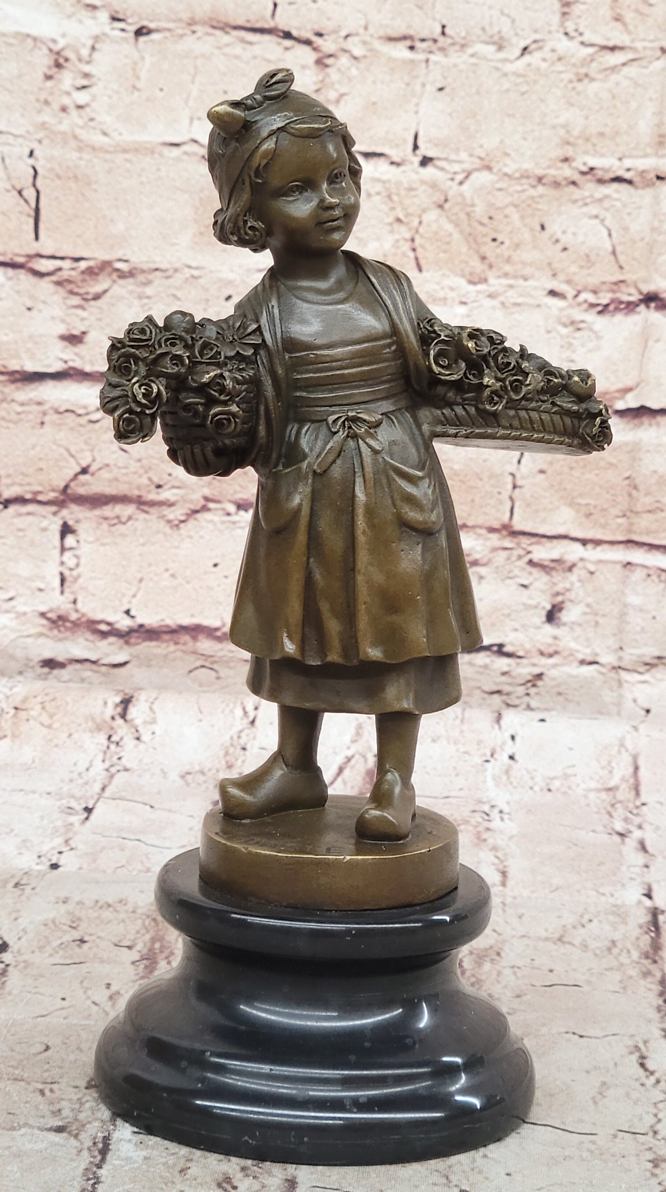 Young Girl Carrying Flower Basket - Bronze by Daste