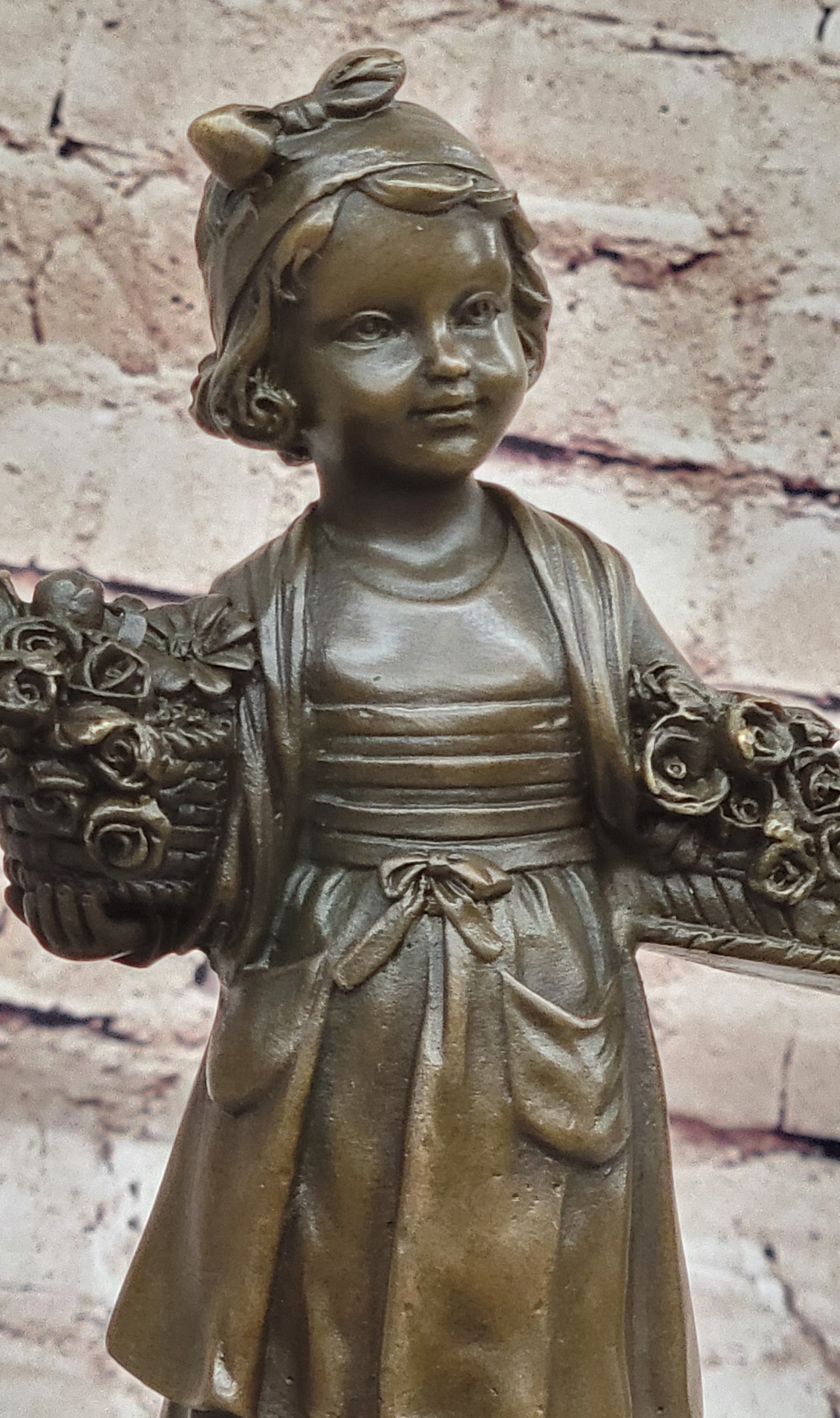 Young Girl Carrying Flower Basket - Bronze by Daste