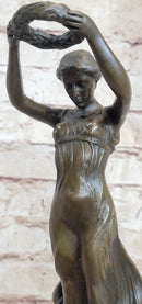 Greek Roman Art Woman Holding Laurels Wreath Crown Bronze Figure