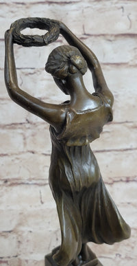 Greek Roman Art Woman Holding Laurels Wreath Crown Bronze Figure