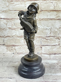Child Boy Playing Accordion Bronze Sculpture 10" x 4"