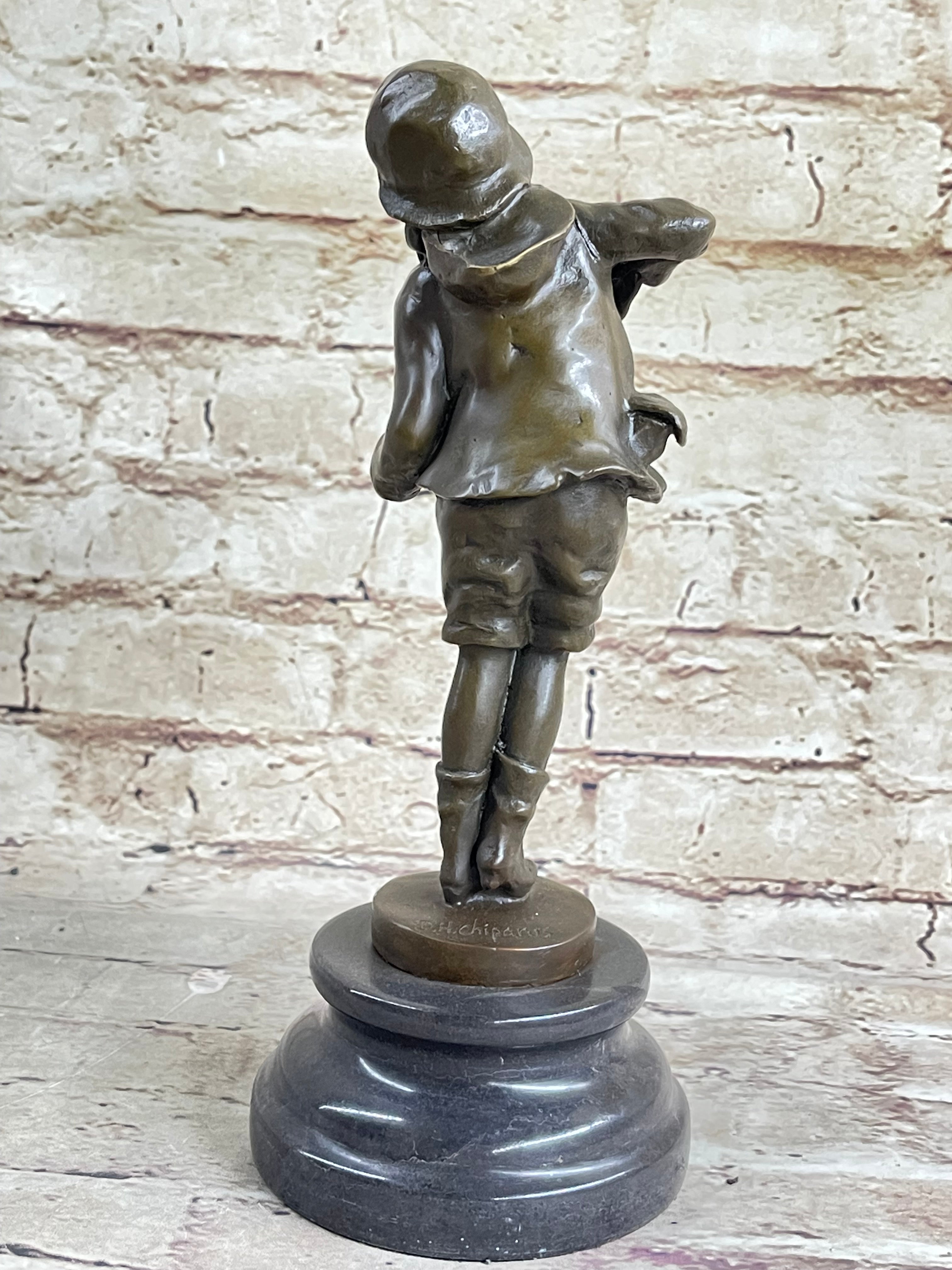 Child Boy Playing Accordion Bronze Sculpture 10" x 4"