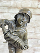 Child Boy Playing Accordion Bronze Sculpture 10" x 4"