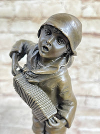 Child Boy Playing Accordion Bronze Sculpture 10" x 4"