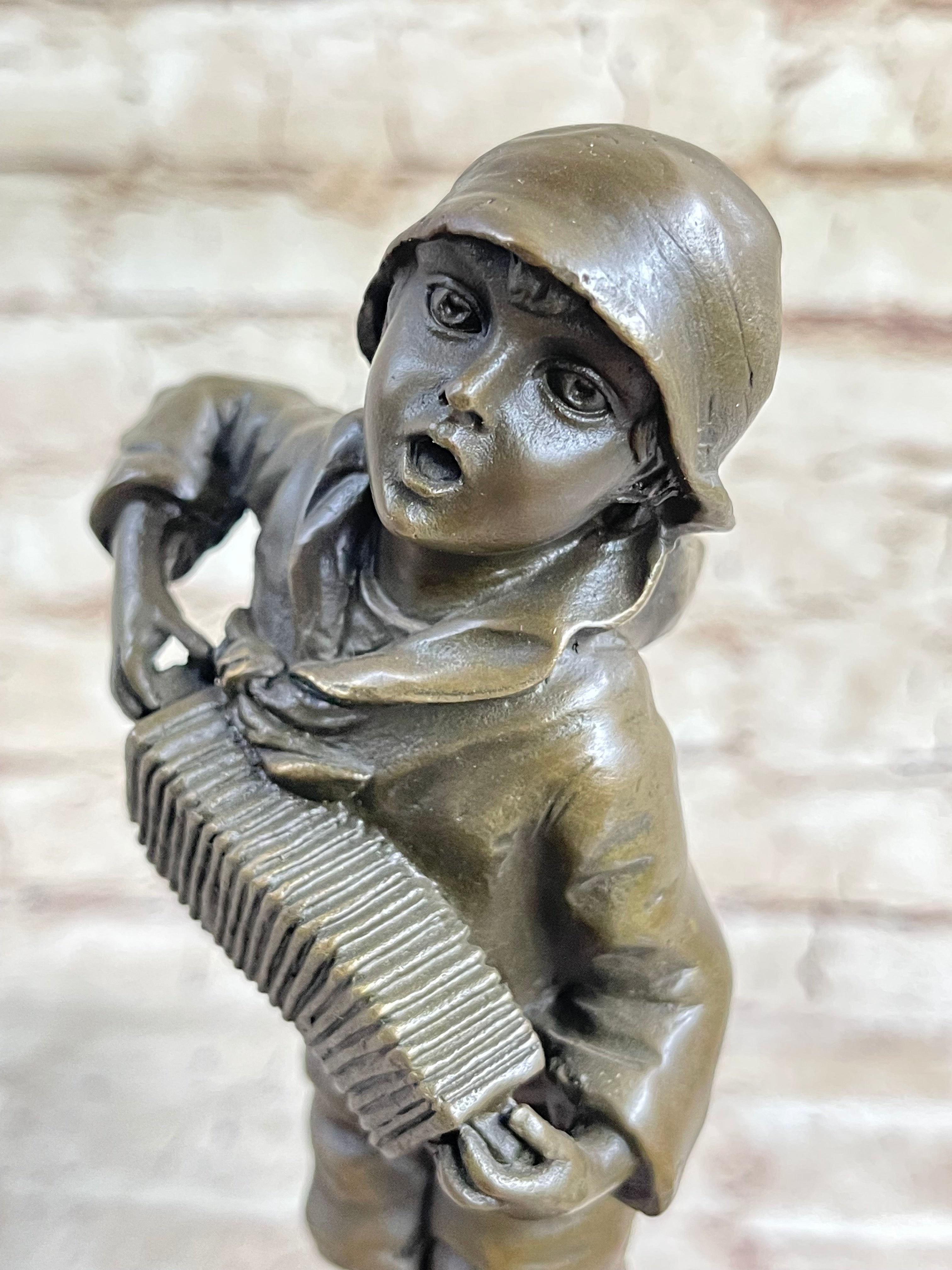Child Boy Playing Accordion Bronze Sculpture 10" x 4"