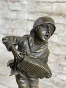 Child Boy Playing Accordion Bronze Sculpture 10" x 4"