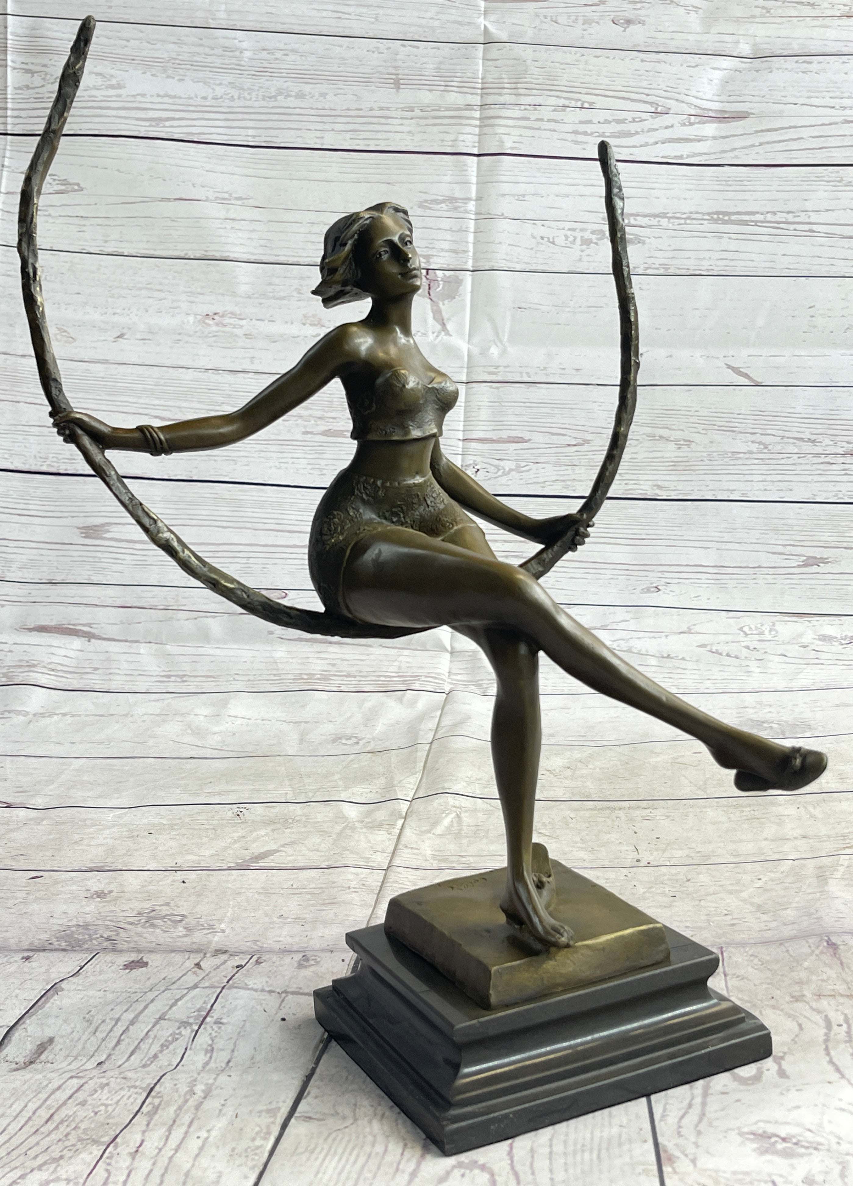 Signed Artwork by Collet Sexy Woman on Swing Bronze Sculpture