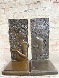 Art Nouveau Female Portrait Bronze Bookends 9" x 4" Signed