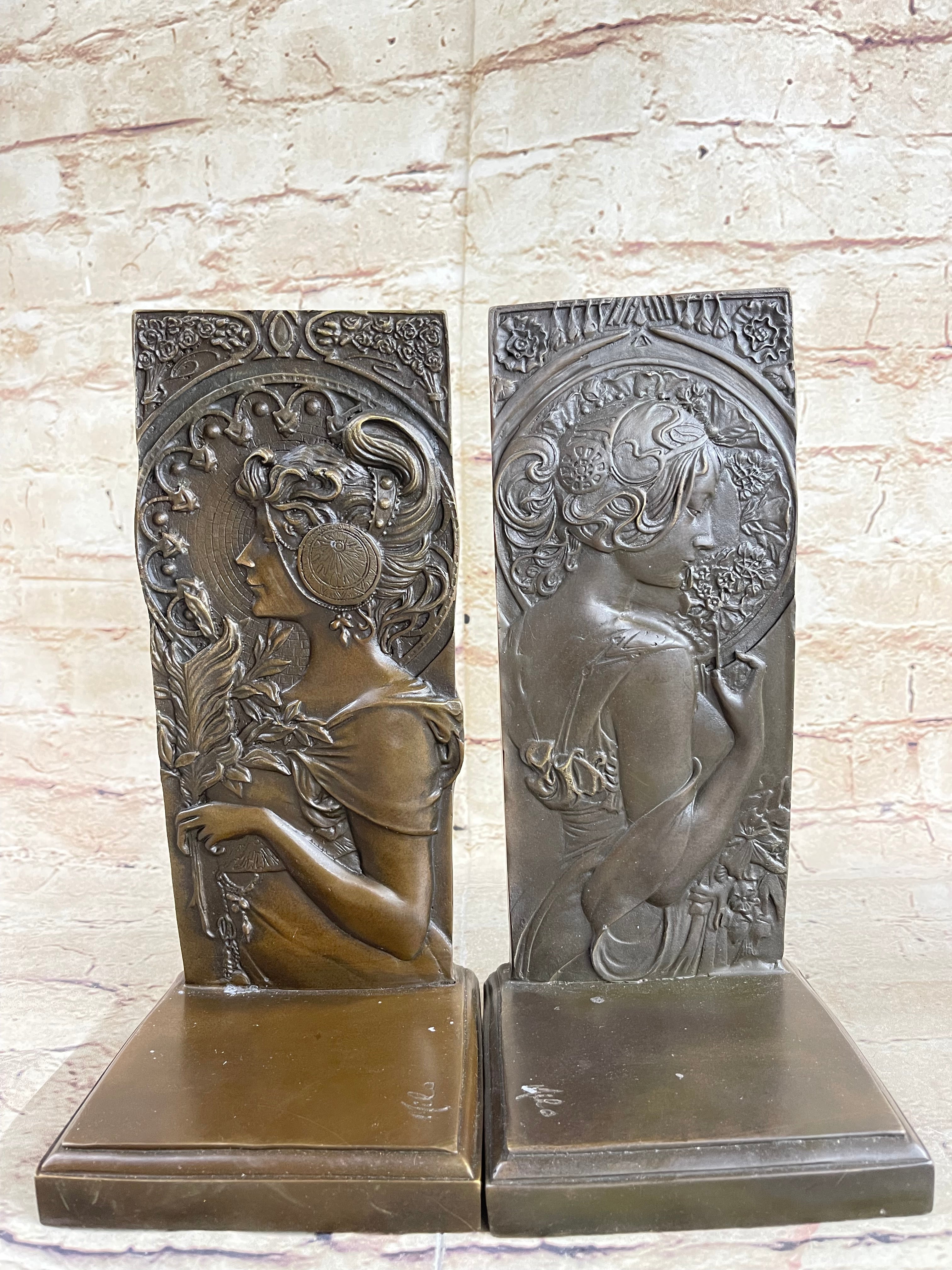 Art Nouveau Female Portrait Bronze Bookends 9" x 4" Signed