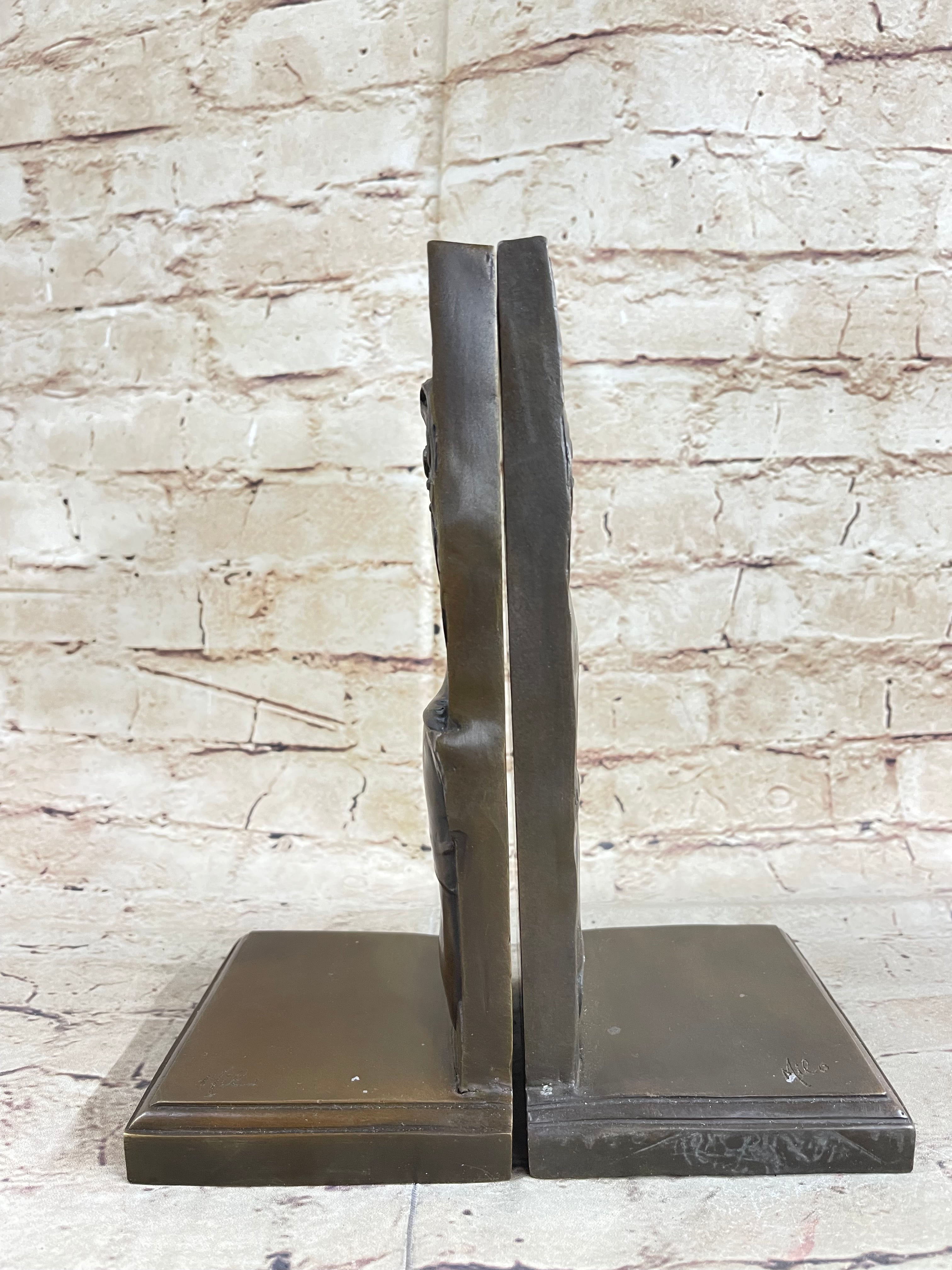 Art Nouveau Female Portrait Bronze Bookends 9" x 4" Signed
