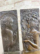 Art Nouveau Female Portrait Bronze Bookends 9" x 4" Signed