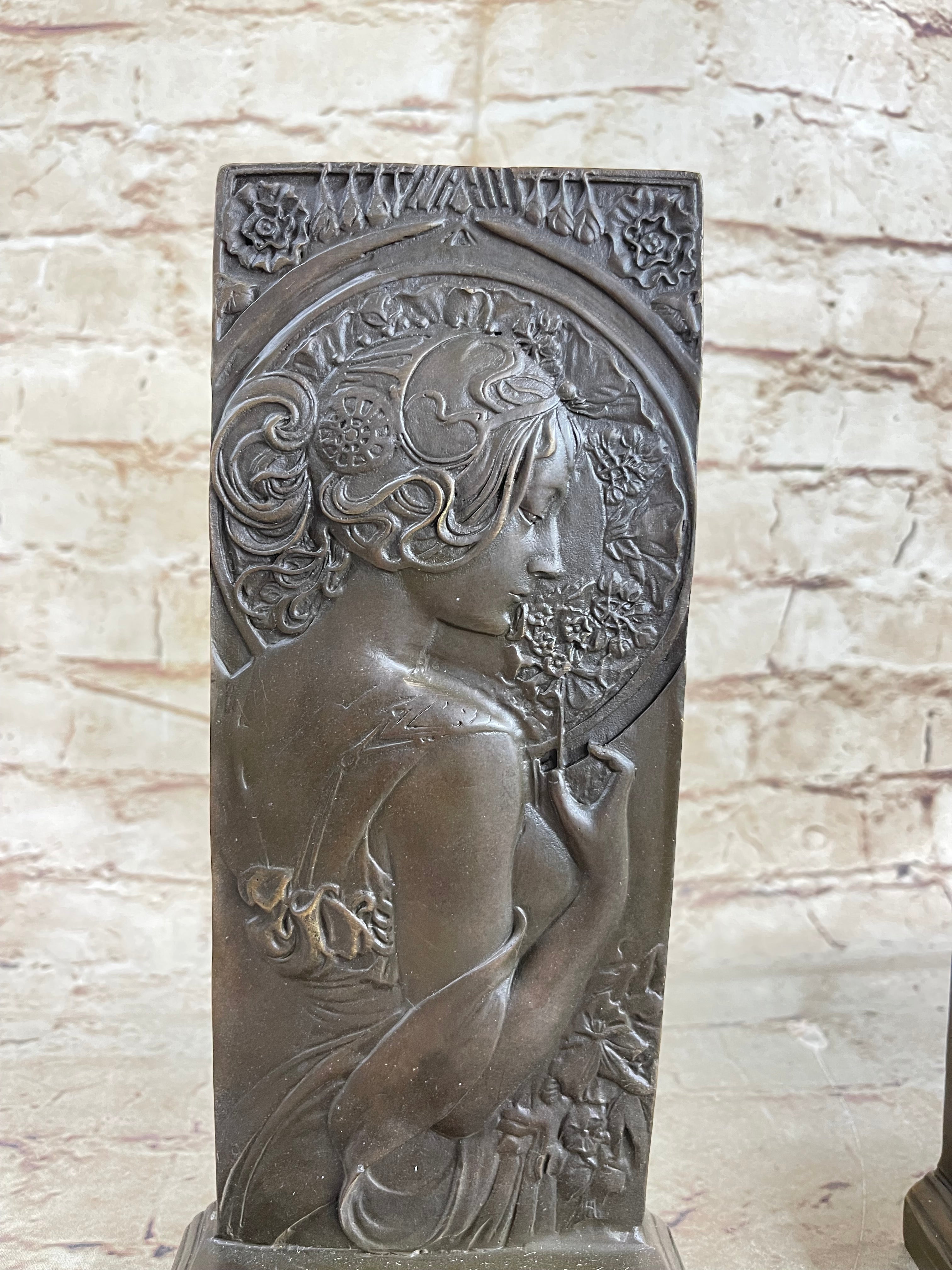Art Nouveau Female Portrait Bronze Bookends 9" x 4" Signed
