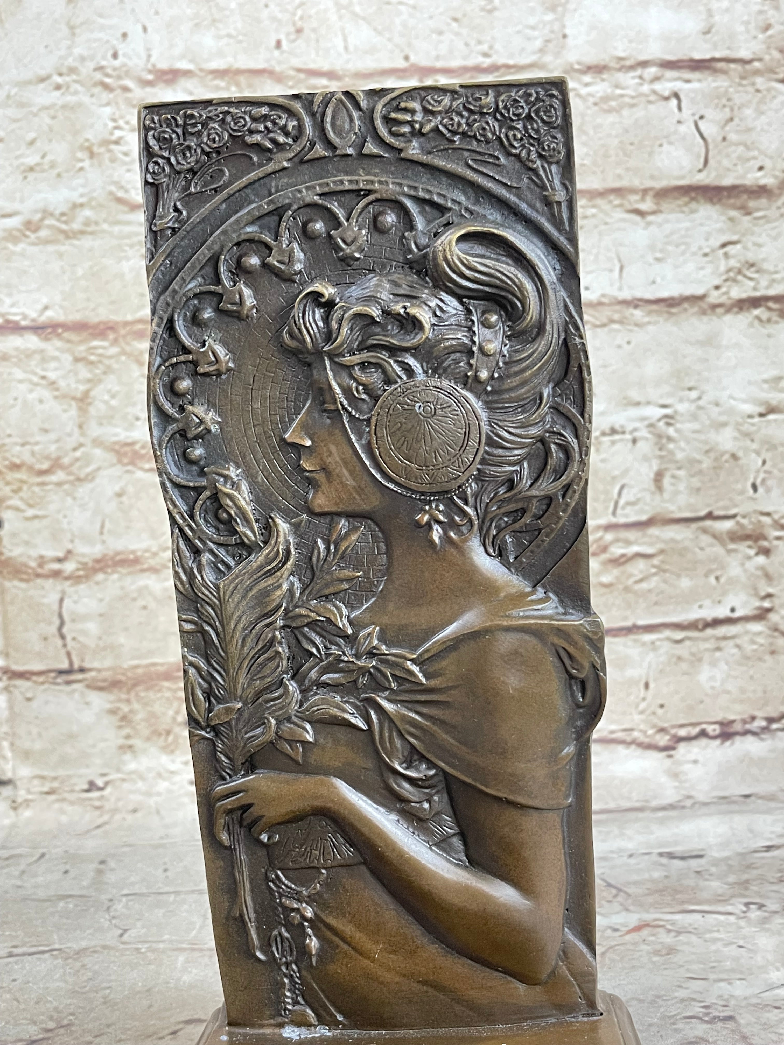 Art Nouveau Female Portrait Bronze Bookends 9" x 4" Signed