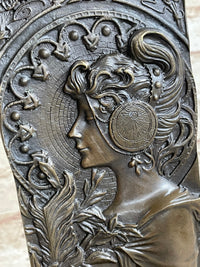 Art Nouveau Female Portrait Bronze Bookends 9" x 4" Signed