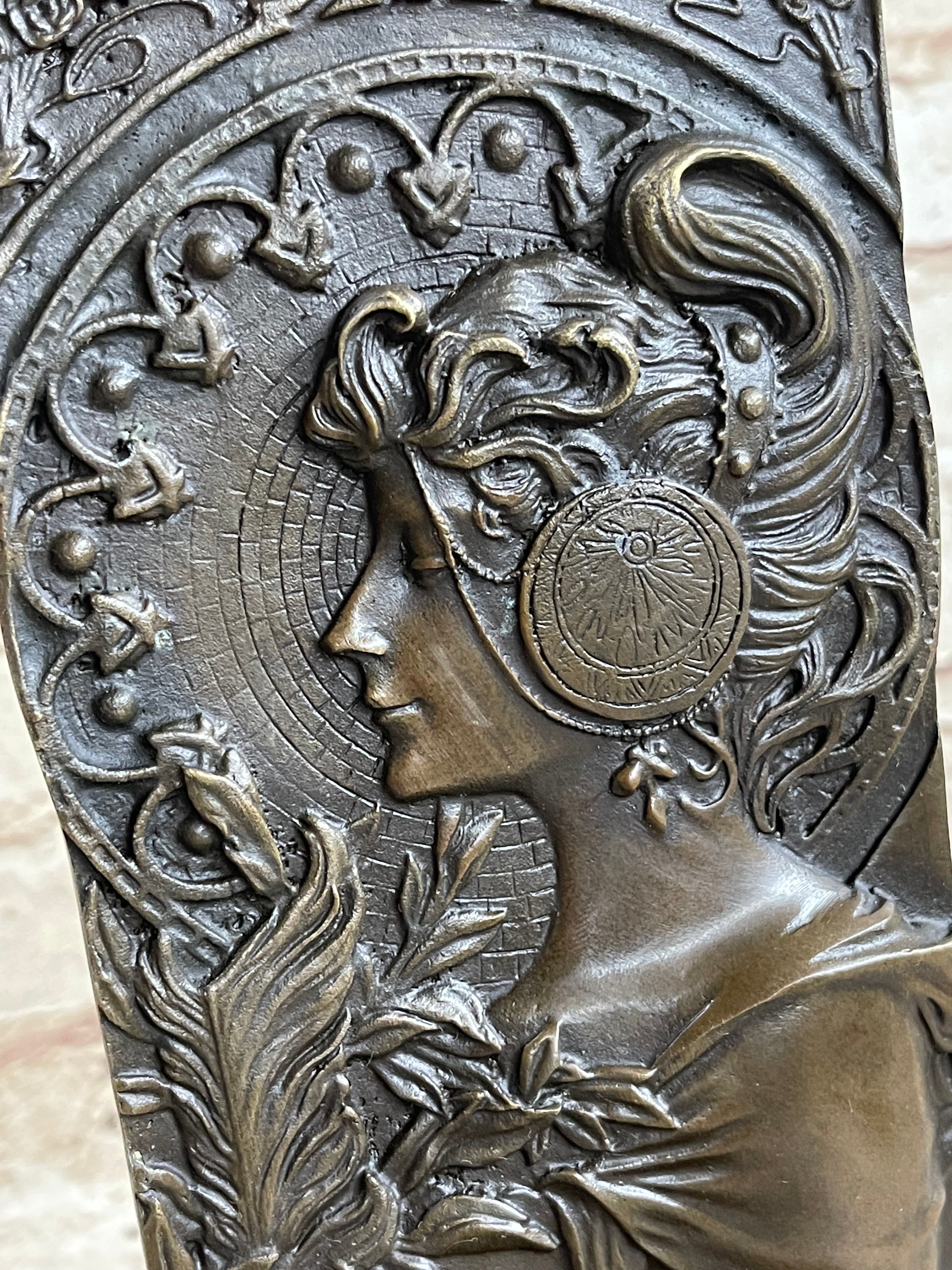 Art Nouveau Female Portrait Bronze Bookends 9" x 4" Signed