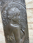 Art Nouveau Female Portrait Bronze Bookends 9" x 4" Signed