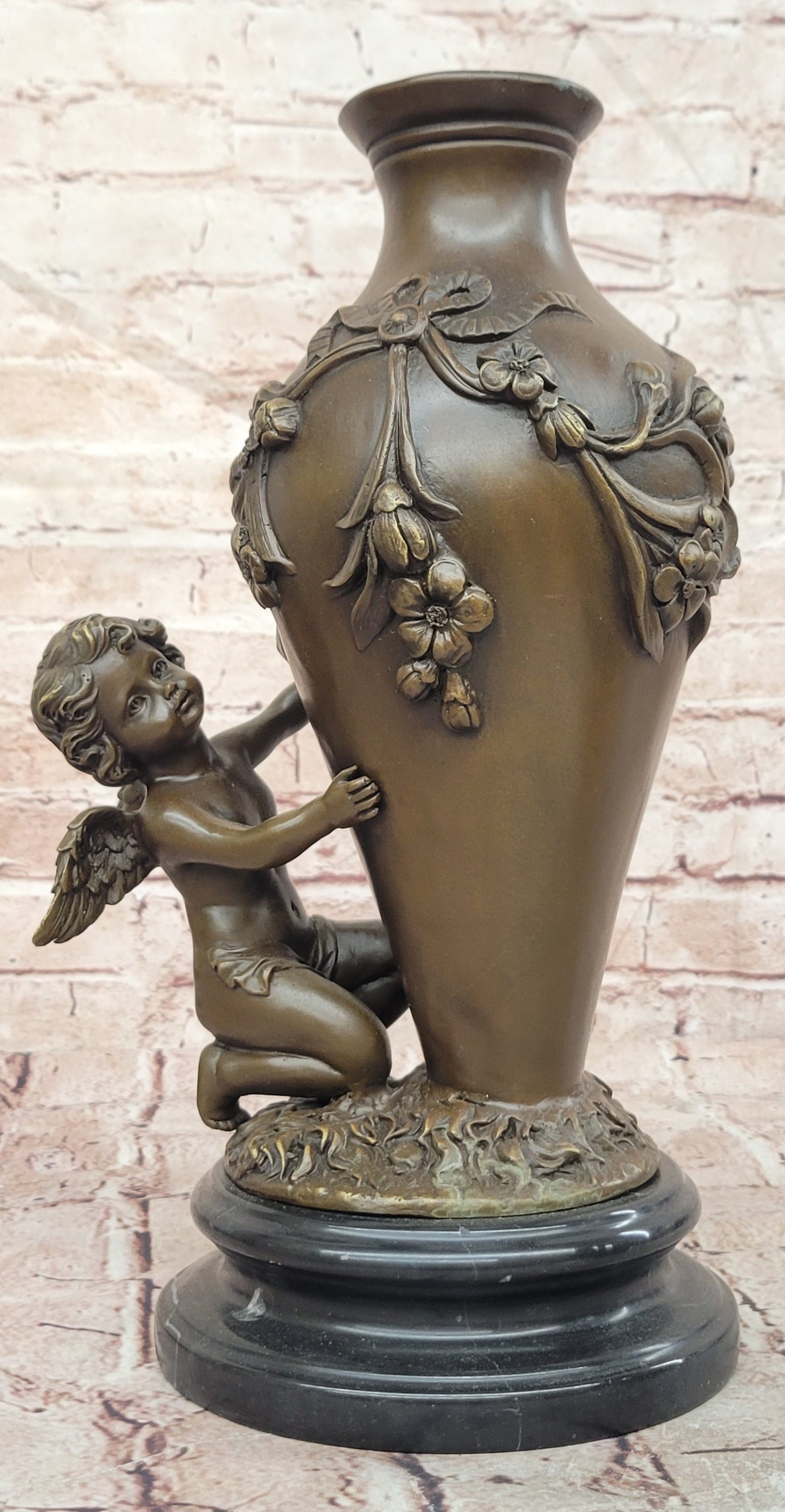 SIGNED MILO BRONZE BABY CHEREB PUTTI ANGEL HANDCRAFTED VASE SCULPTURE