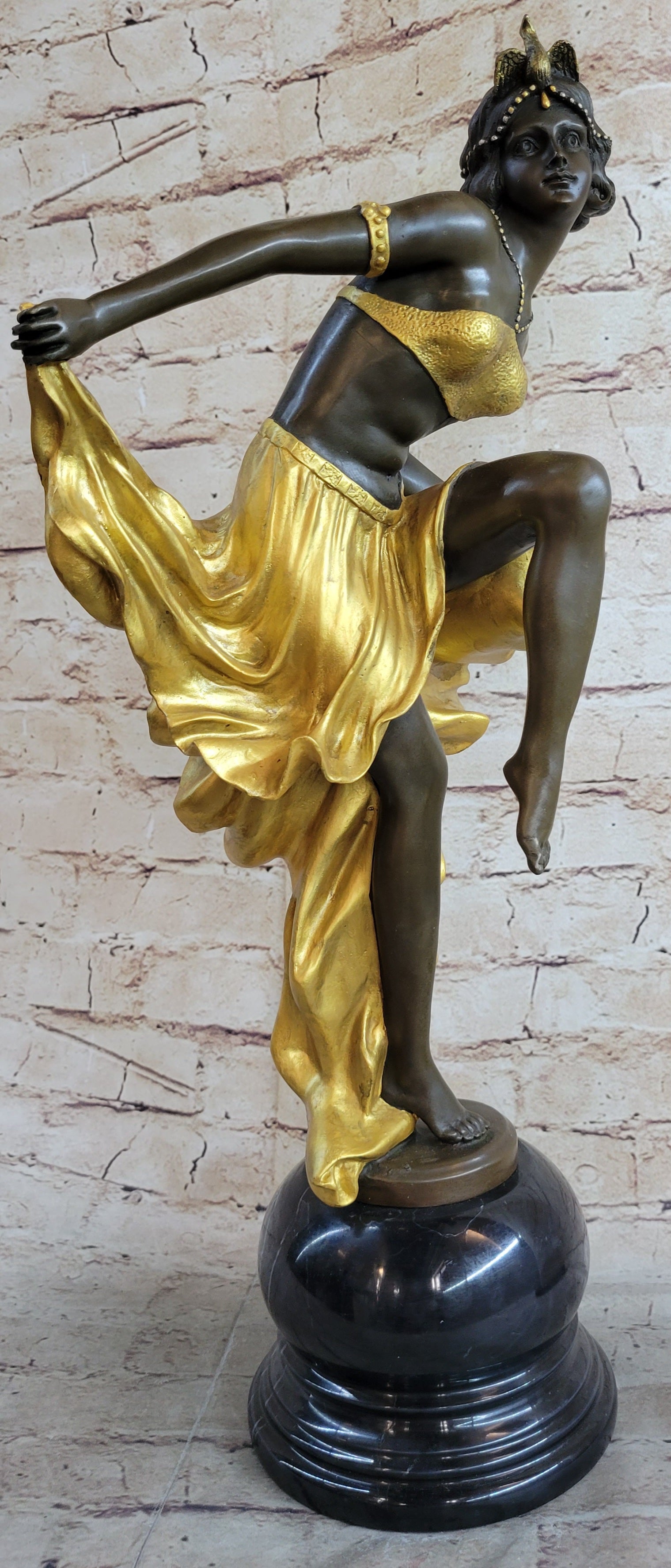 SIGNED GOLD PATINA ART DECO BRONZE SCULPTURE BY A. GORY NOUVEAU MARBLE FIGURINE