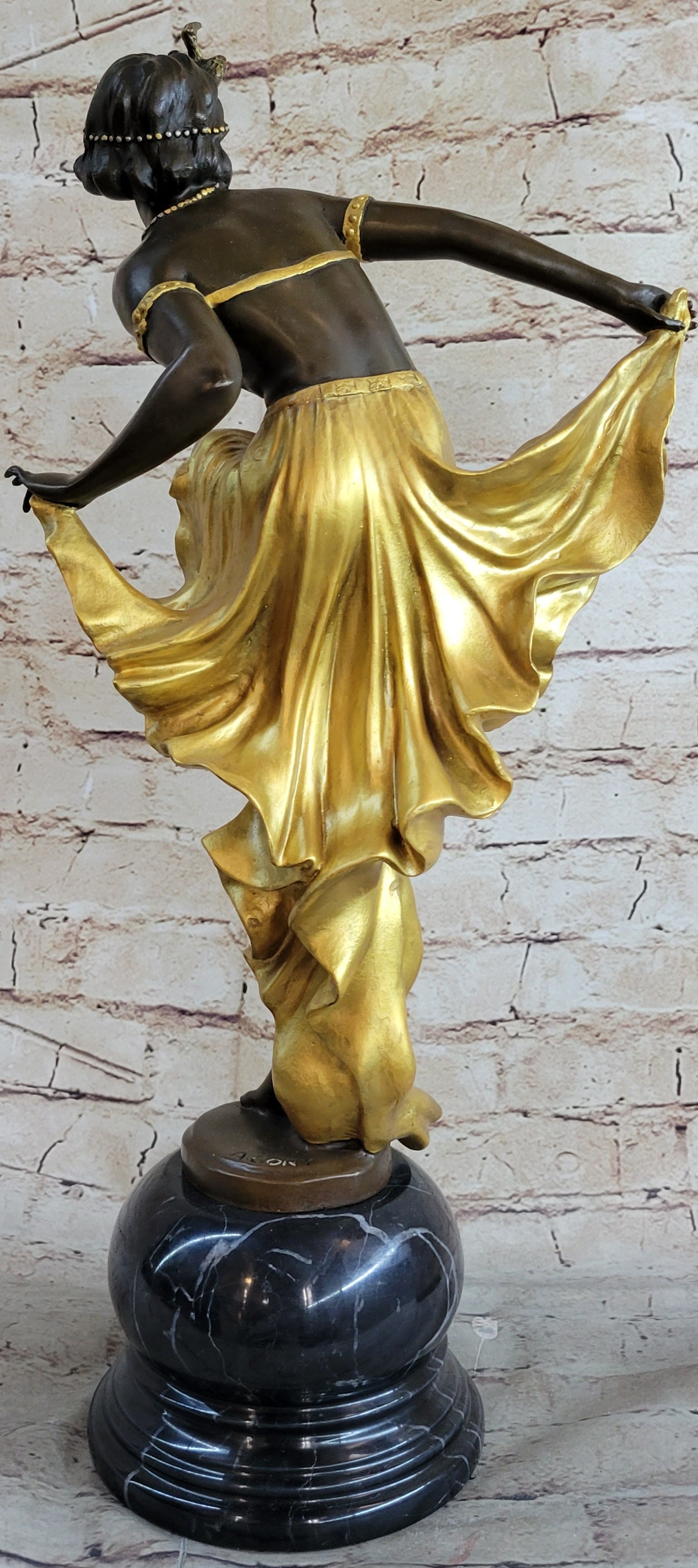 SIGNED GOLD PATINA ART DECO BRONZE SCULPTURE BY A. GORY NOUVEAU MARBLE FIGURINE