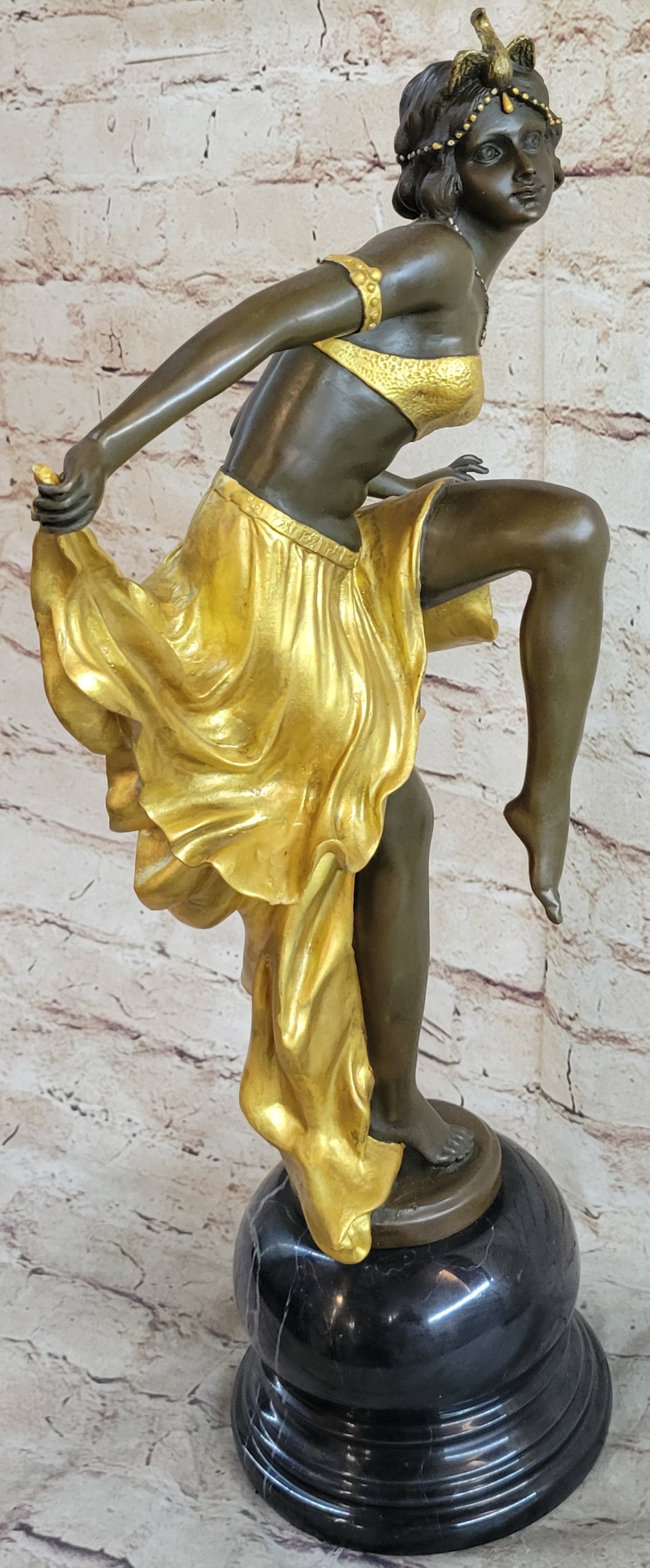 SIGNED GOLD PATINA ART DECO BRONZE SCULPTURE BY A. GORY NOUVEAU MARBLE FIGURINE