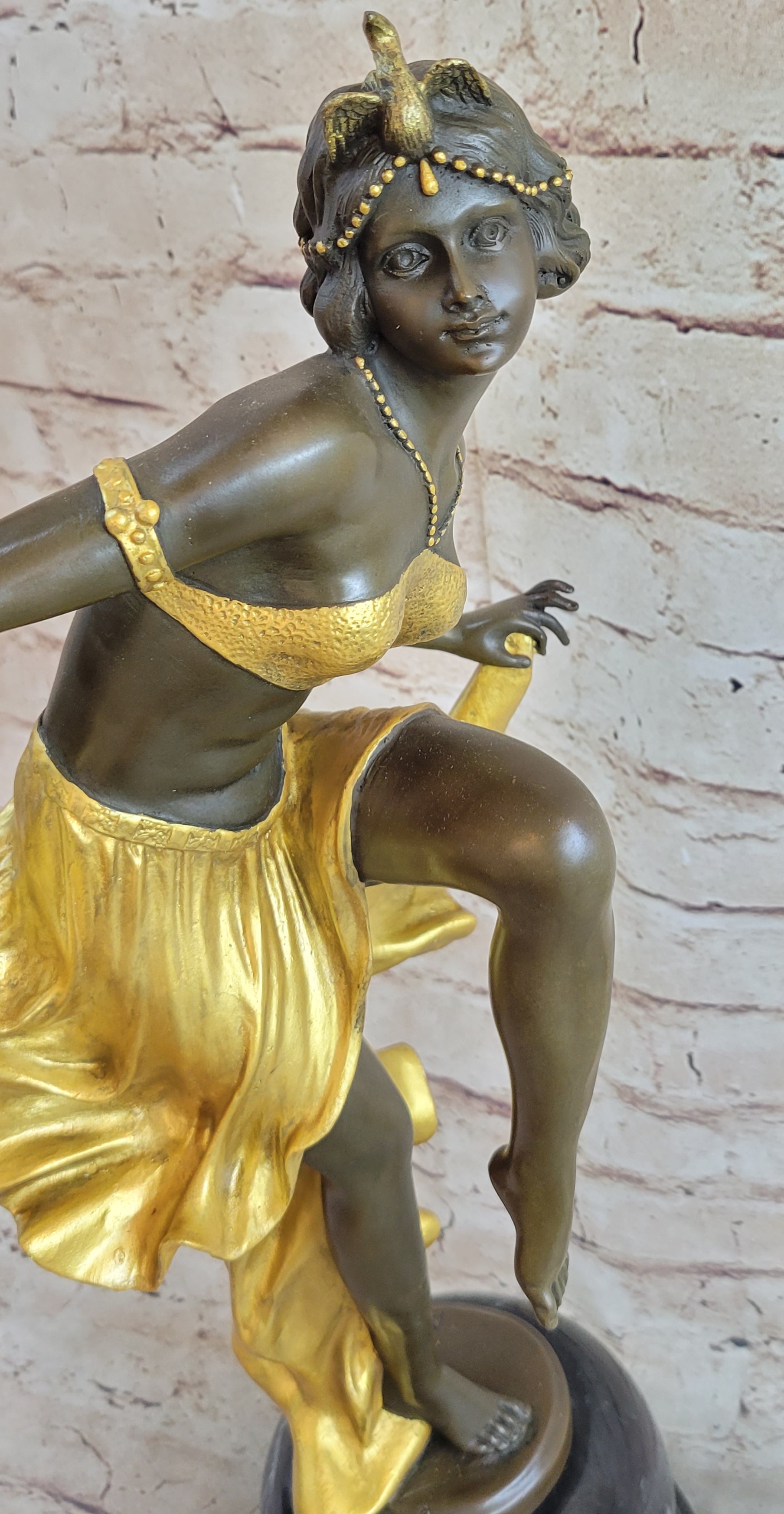 SIGNED GOLD PATINA ART DECO BRONZE SCULPTURE BY A. GORY NOUVEAU MARBLE FIGURINE