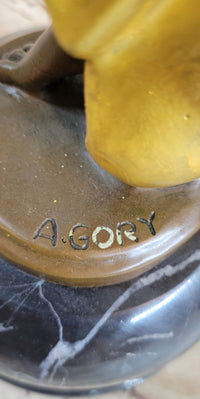 SIGNED GOLD PATINA ART DECO BRONZE SCULPTURE BY A. GORY NOUVEAU MARBLE FIGURINE