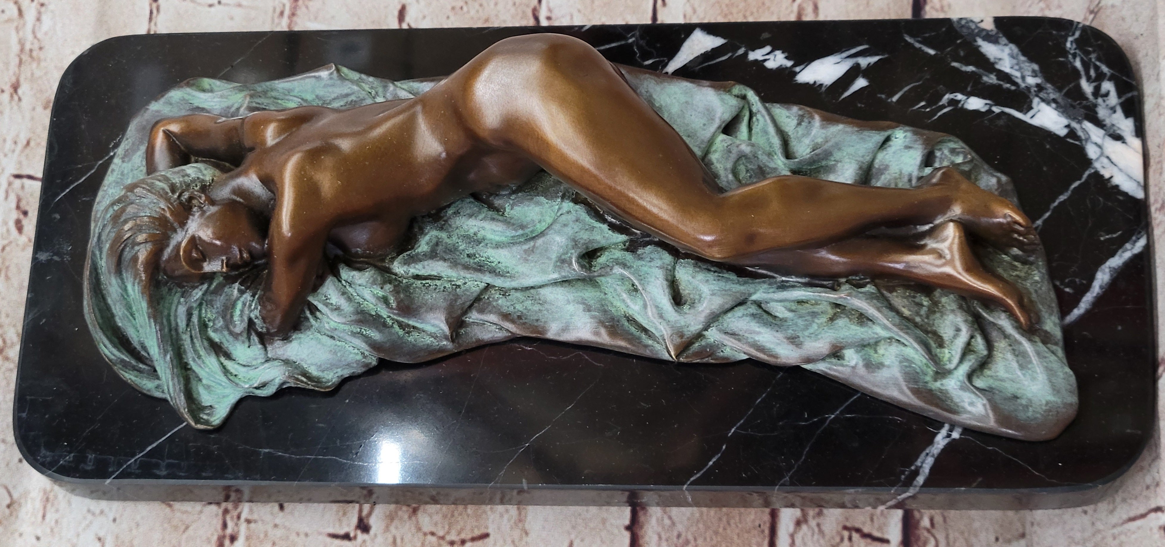Bronze Fully Nude Girl Laying Down Sleeping on Marble Base Art
