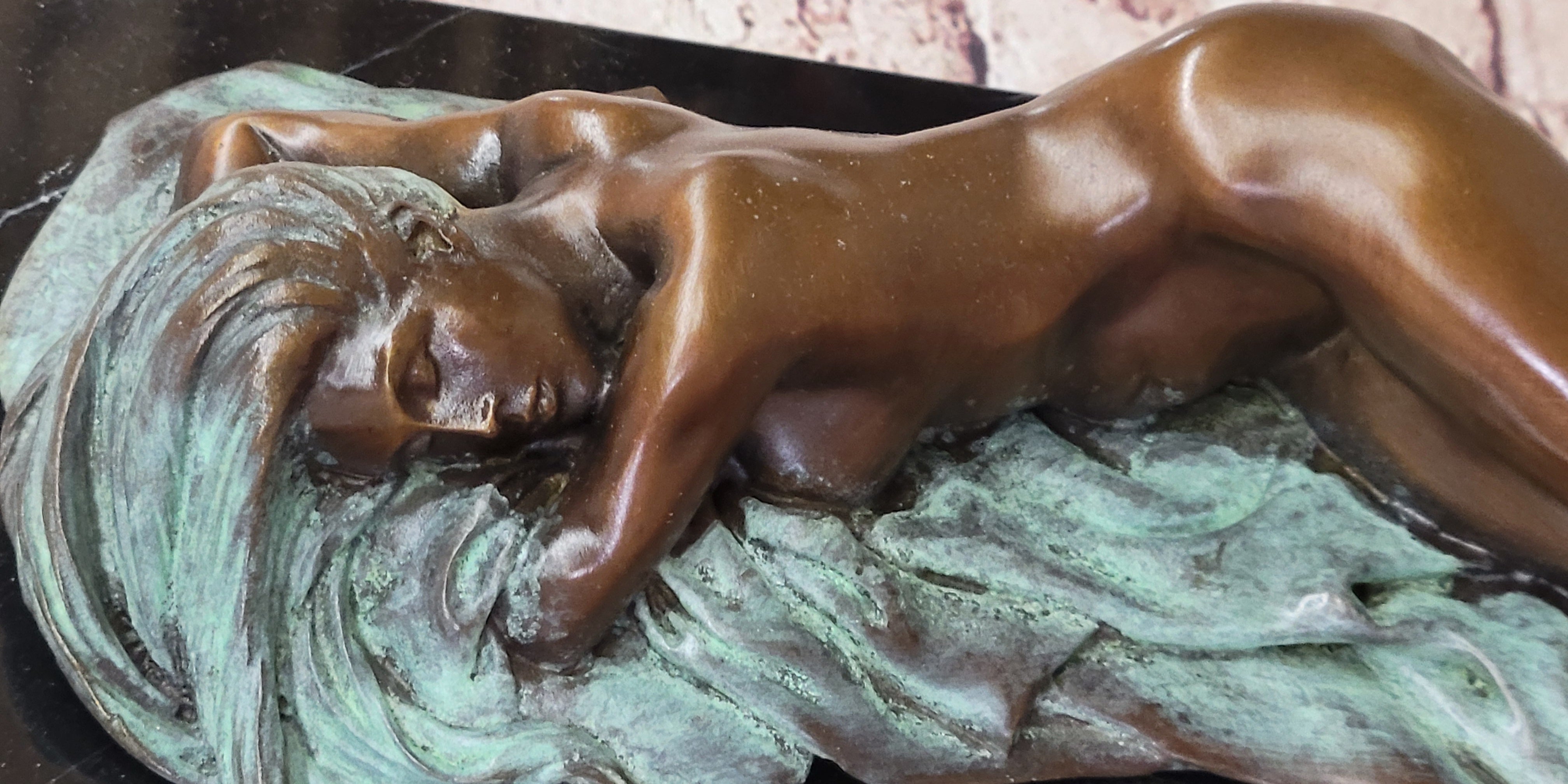 Bronze Fully Nude Girl Laying Down Sleeping on Marble Base Art