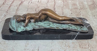 Bronze Fully Nude Girl Laying Down Sleeping on Marble Base Art
