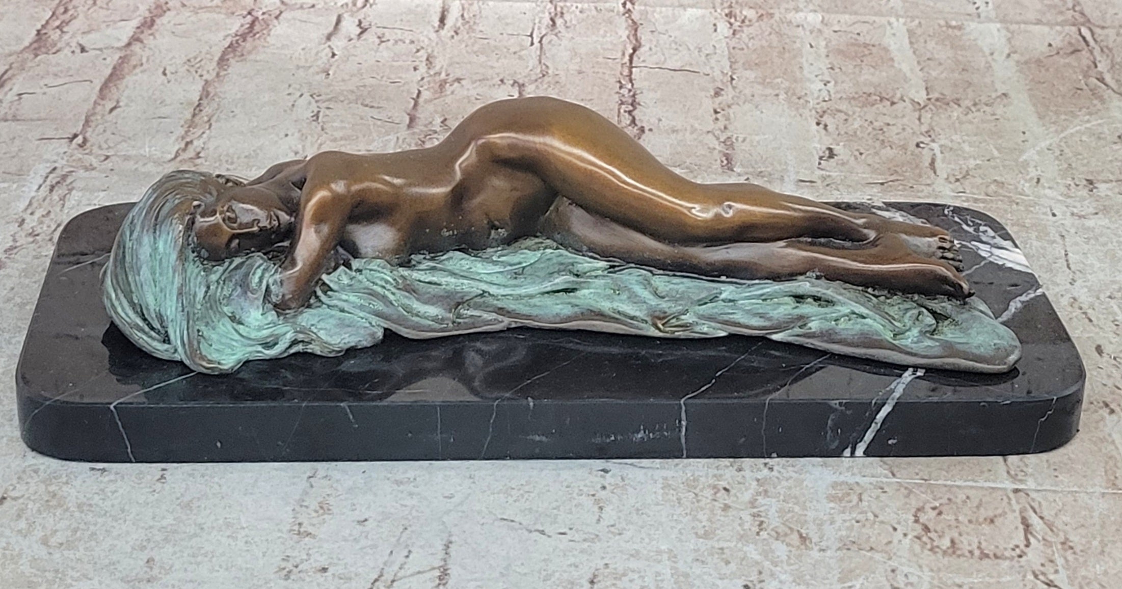 Bronze Fully Nude Girl Laying Down Sleeping on Marble Base Art
