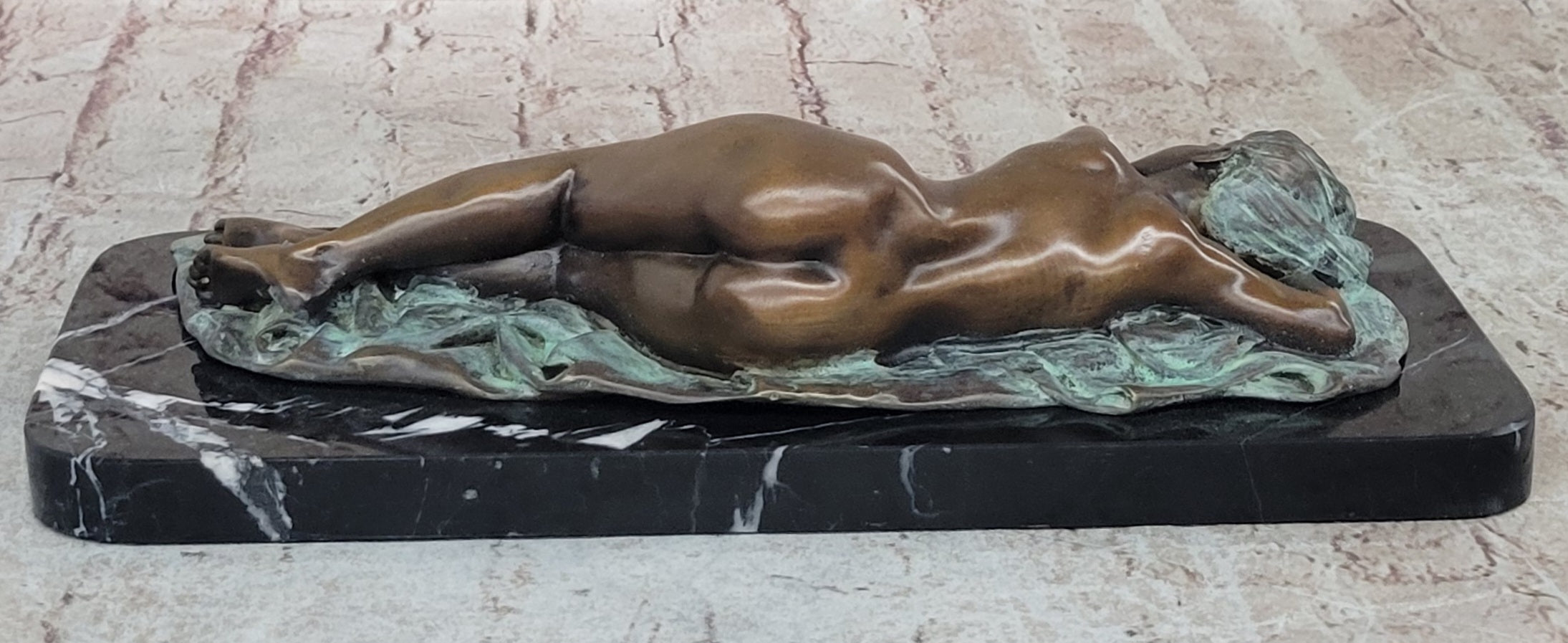 Bronze Fully Nude Girl Laying Down Sleeping on Marble Base Art