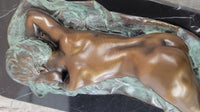 Bronze Fully Nude Girl Laying Down Sleeping on Marble Base Art