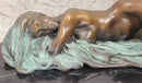 Bronze Fully Nude Girl Laying Down Sleeping on Marble Base Art