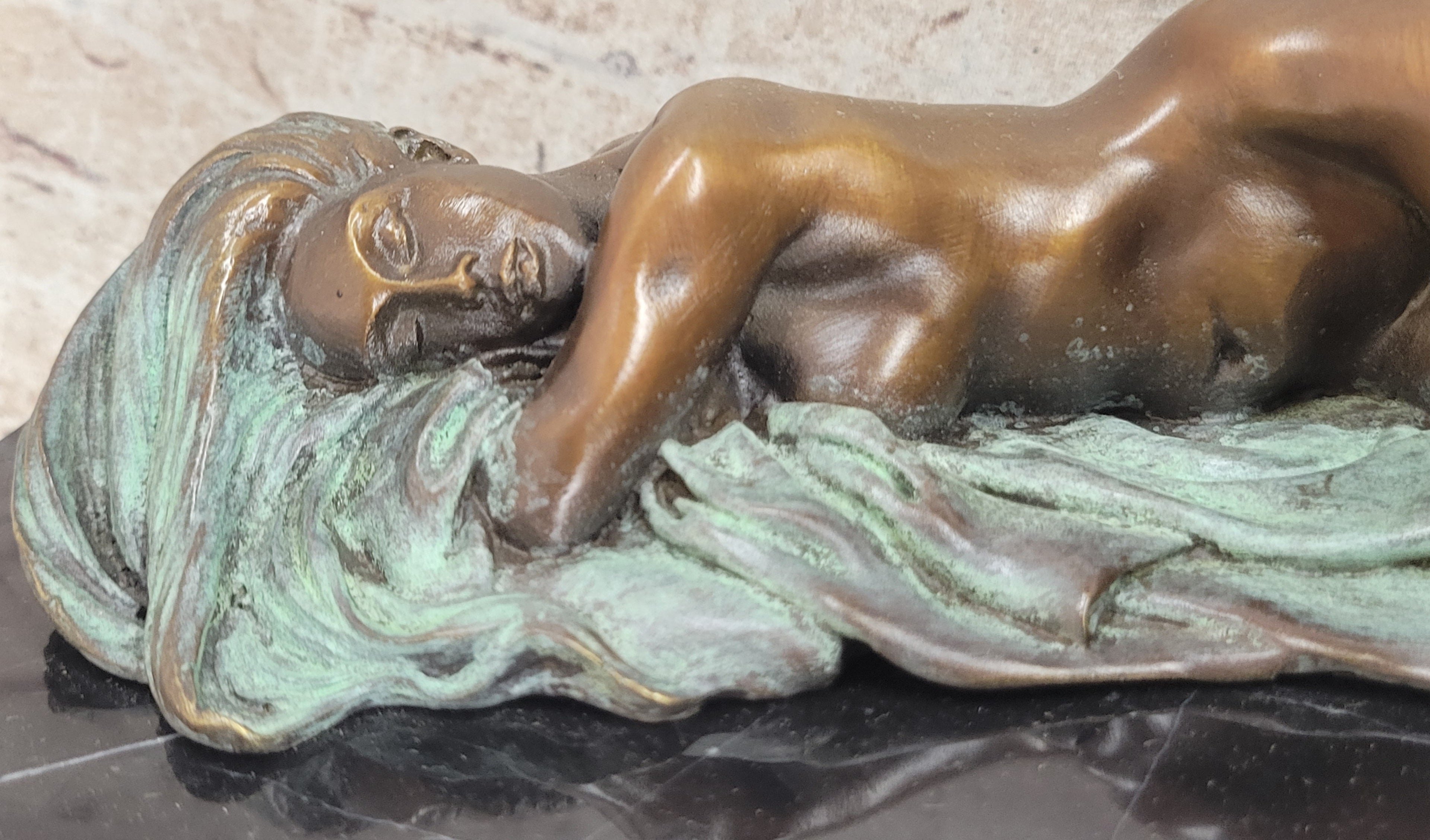 Bronze Fully Nude Girl Laying Down Sleeping on Marble Base Art