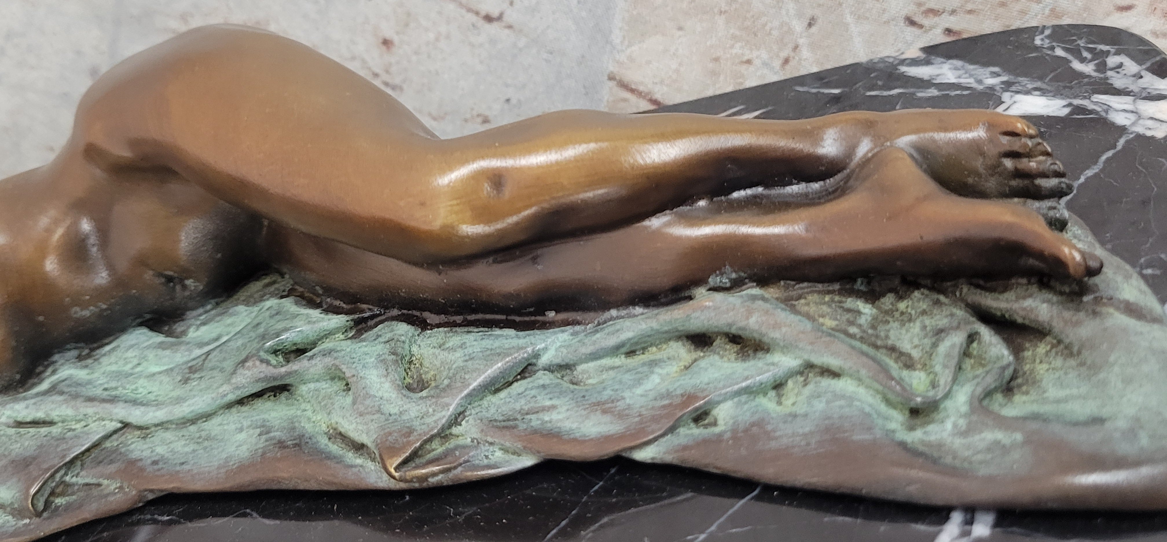 Bronze Fully Nude Girl Laying Down Sleeping on Marble Base Art